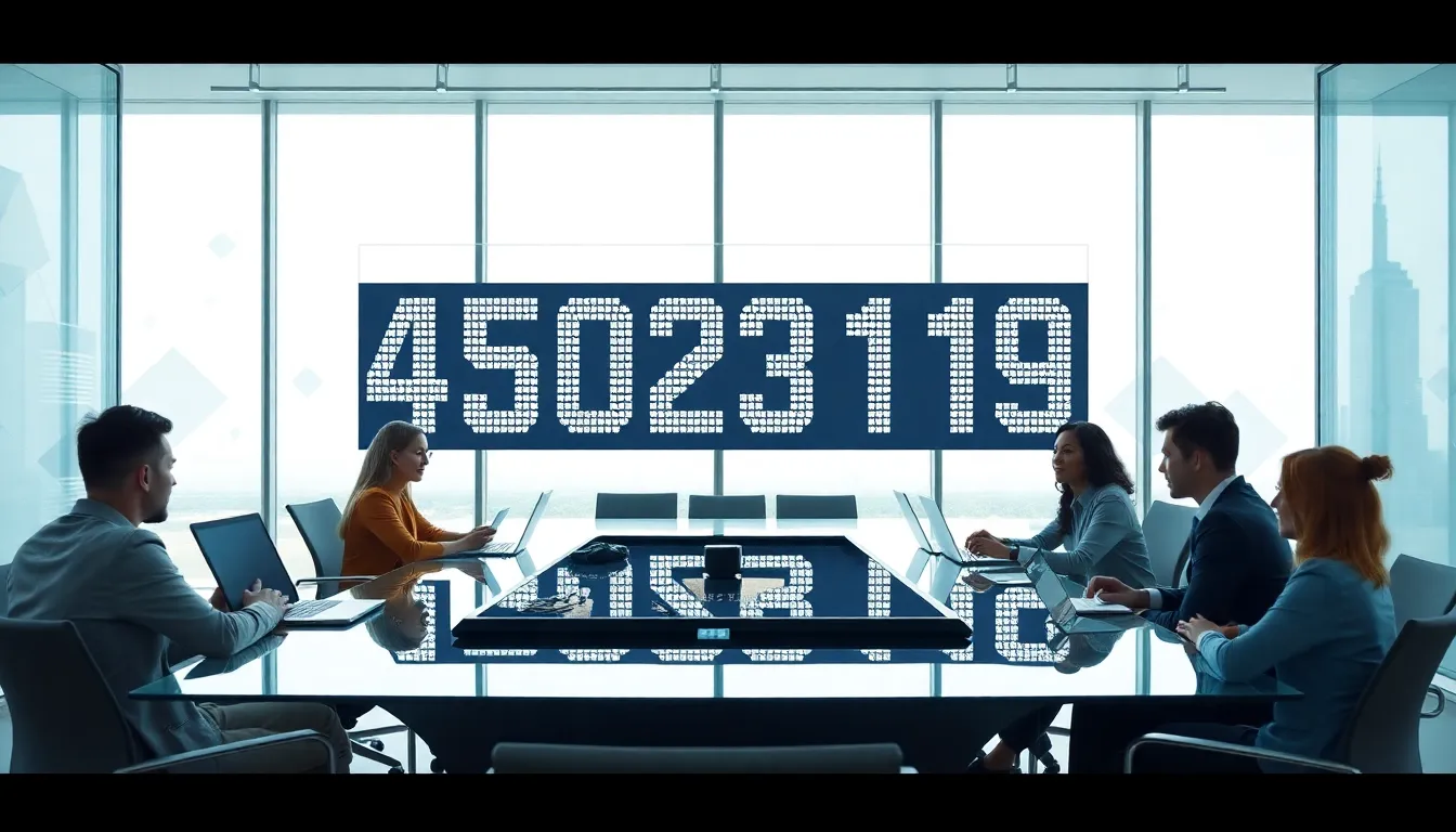 Diverse professionals discussing the significance of the number 4503231179 in a modern office.
